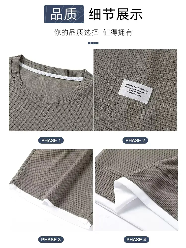 Men's Waffle Round Neck Short Sleeve Shirt Grey Large - Image 11