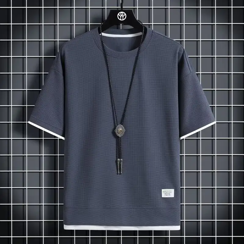Men's Waffle Round Neck Short Sleeve Shirt Grey Large - Image 3