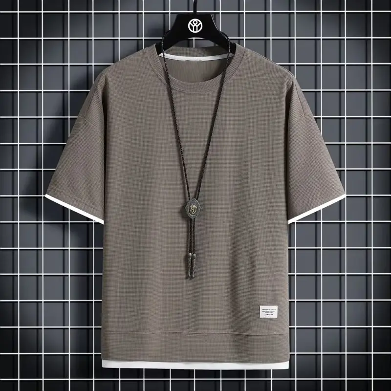 Men's Waffle Round Neck Short Sleeve Shirt Grey Large - Image 4