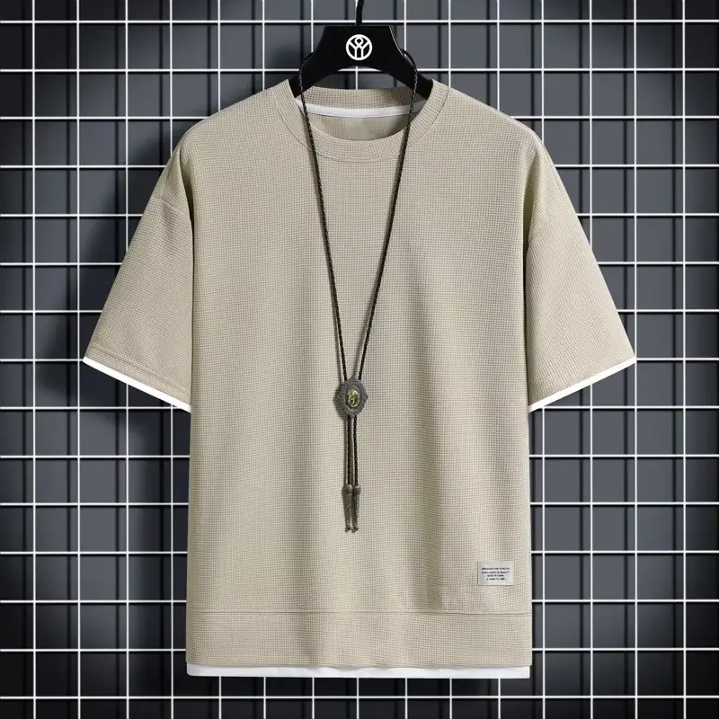 Men's Waffle Round Neck Short Sleeve Shirt Grey Large - Image 5