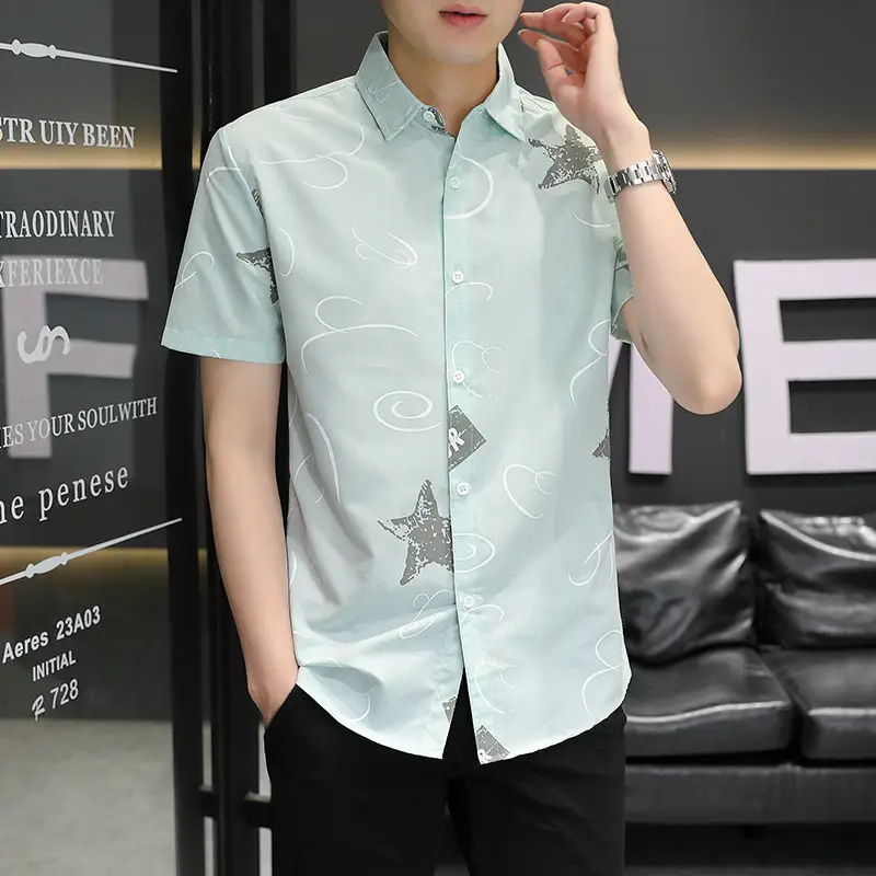 Men Korean Style Short Sleeve Shirt with Star Print