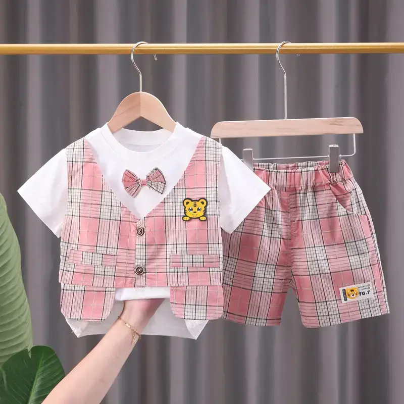 Children Cotton Bow Short Sleeve Suit Pink Plaid Shorts - Image 2