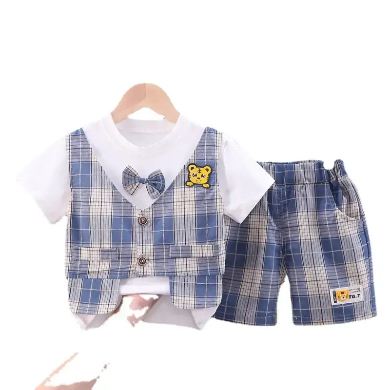 Children Cotton Bow Short Sleeve Suit Pink Plaid Shorts - Image 5