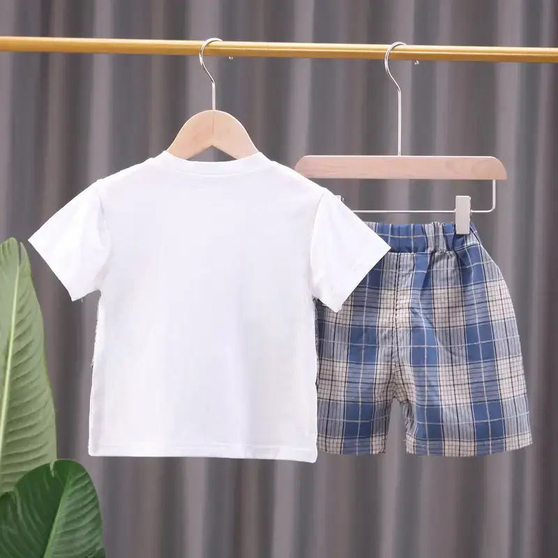 Children Cotton Bow Short Sleeve Suit Pink Plaid Shorts — feature 5
