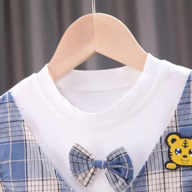 Children Cotton Bow Short Sleeve Suit Pink Plaid Shorts — feature 6