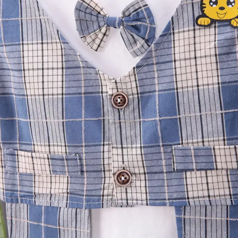 Children Cotton Bow Short Sleeve Suit Pink Plaid Shorts — feature 8