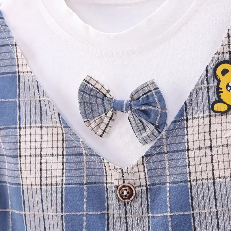 Children Cotton Bow Short Sleeve Suit Pink Plaid Shorts — feature 9