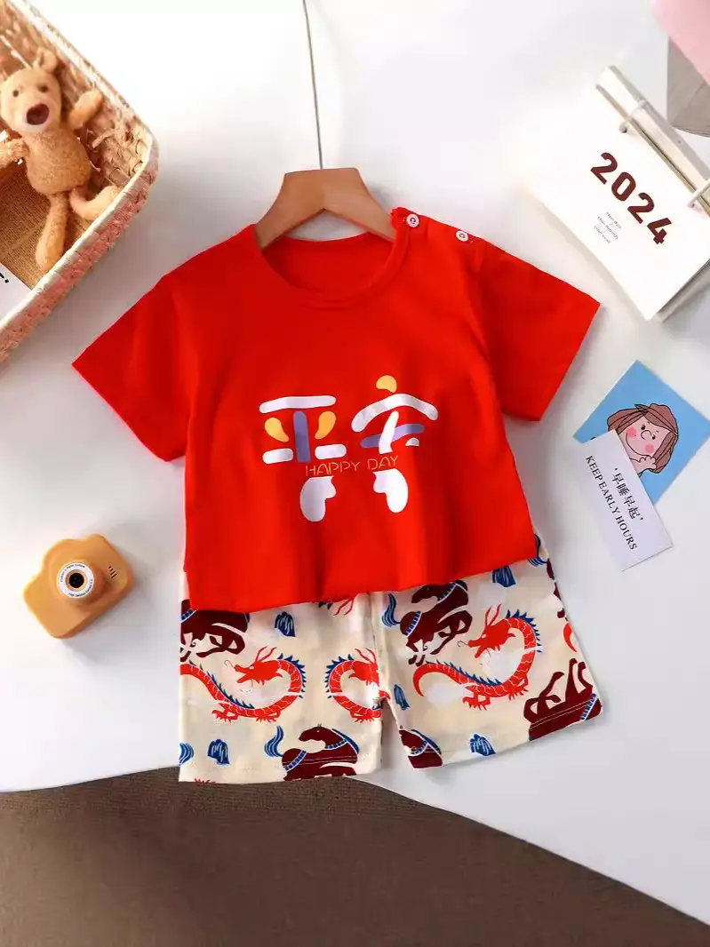 Kids Cotton Bear Print Shorts Set Blue Summer - Image 43