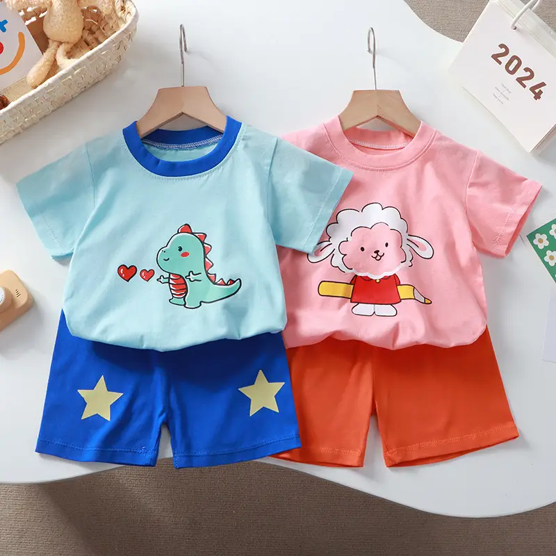 Kids Cotton Bear Print Shorts Set Blue Summer — feature 3
