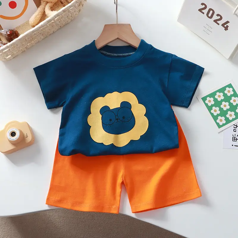Kids Cotton Bear Print Shorts Set Blue Summer — feature 4