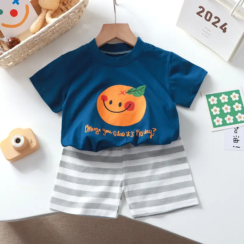 Kids Cotton Bear Print Shorts Set Blue Summer — feature 5