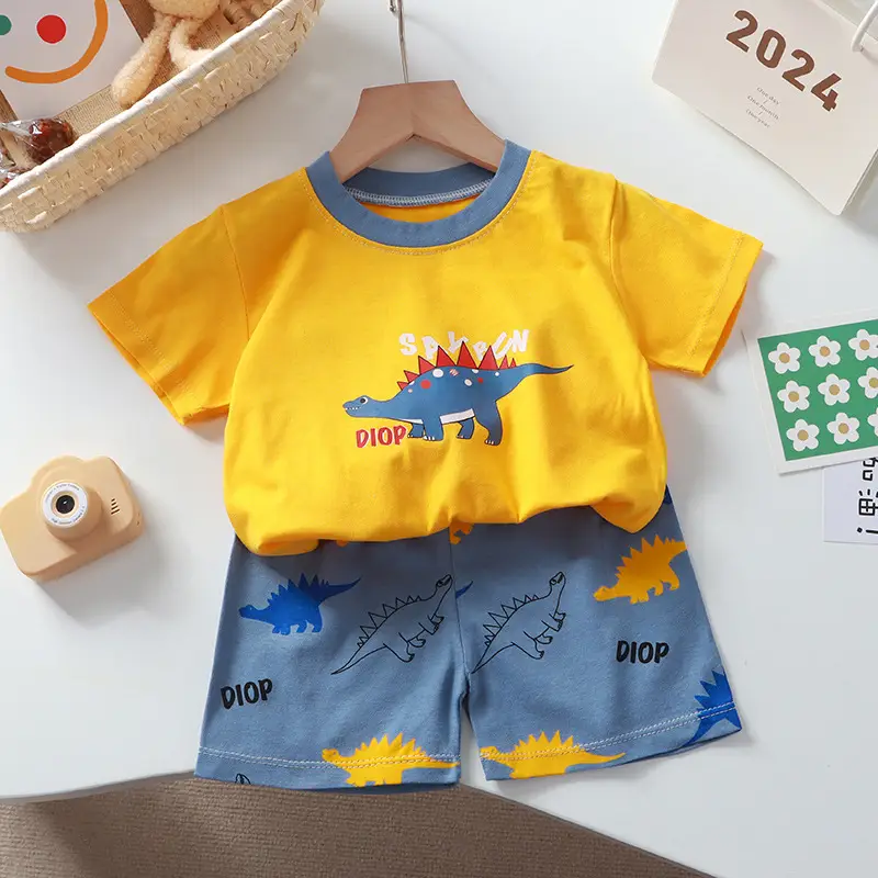 Kids Cotton Bear Print Shorts Set Blue Summer — feature 6