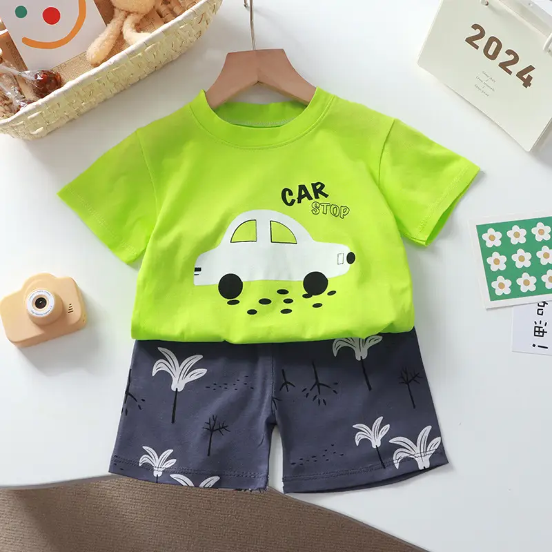 Kids Cotton Bear Print Shorts Set Blue Summer — feature 7