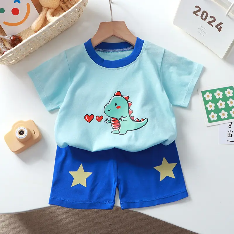 Kids Cotton Bear Print Shorts Set Blue Summer — feature 9