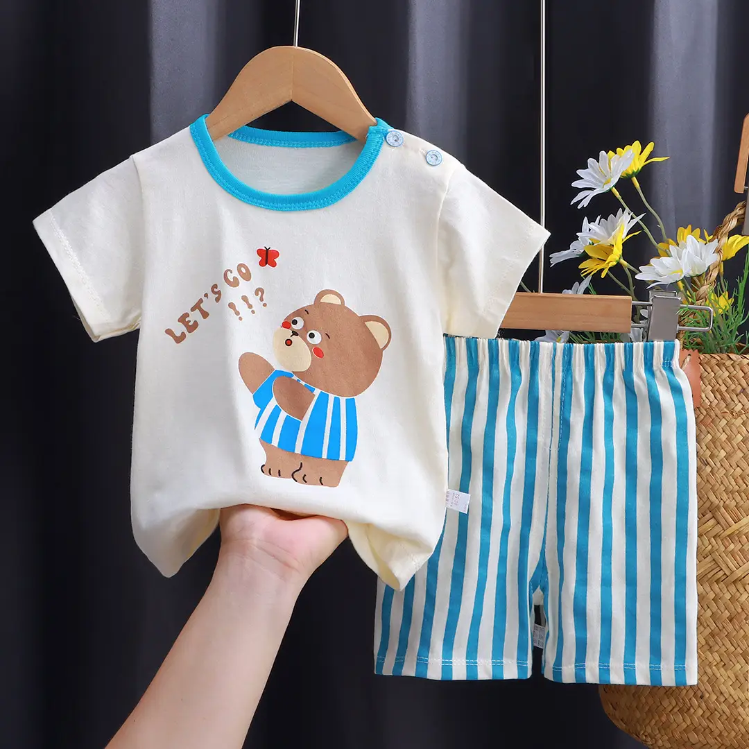 Kids Cotton Bear Print Shorts Set Blue Summer - Image 34