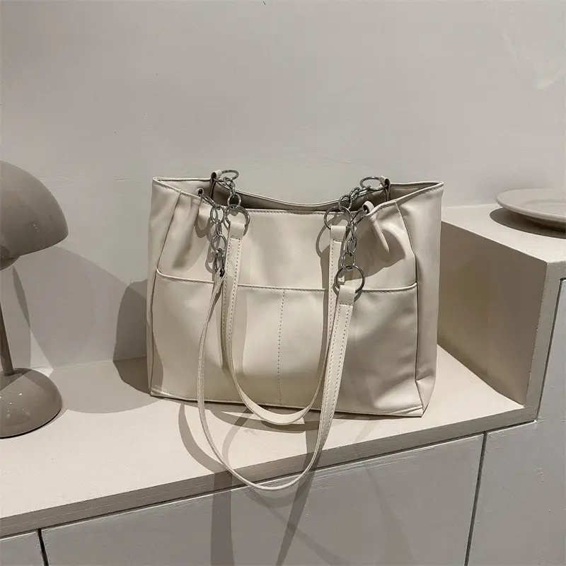 Women's Soft Leather Large Shoulder Bag with Chain Detail - Image 4
