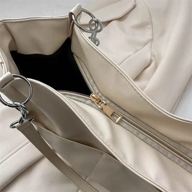 Women's Soft Leather Large Shoulder Bag with Chain Detail - Image 6