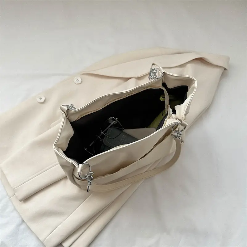 Women's Soft Leather Large Shoulder Bag with Chain Detail - Image 7