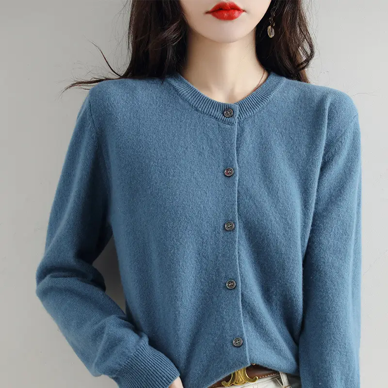 Women Red Knitted Round Neck Cardigan Autumn Winter - Image 14