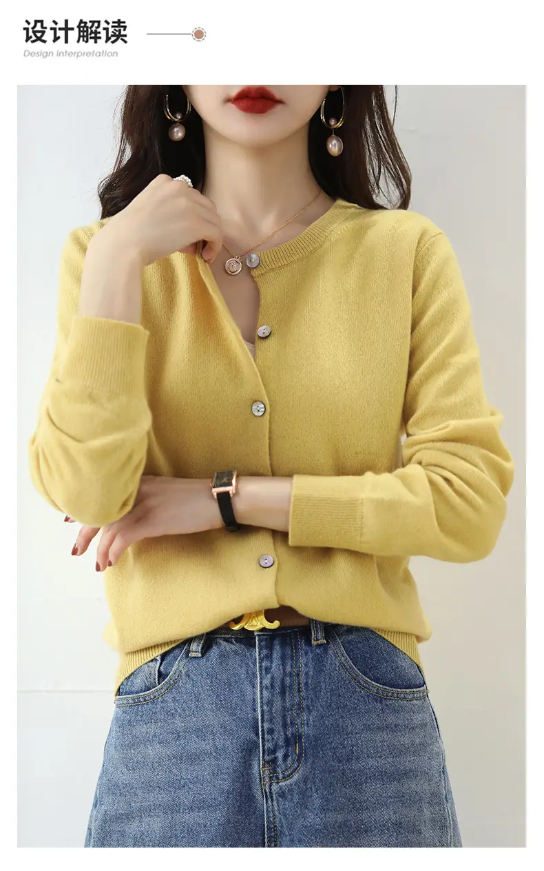 Women Red Knitted Round Neck Cardigan Autumn Winter — feature 4