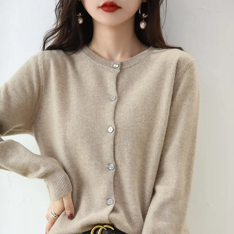 Women Red Knitted Round Neck Cardigan Autumn Winter - Image 4