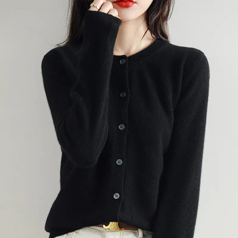 Women Red Knitted Round Neck Cardigan Autumn Winter - Image 5