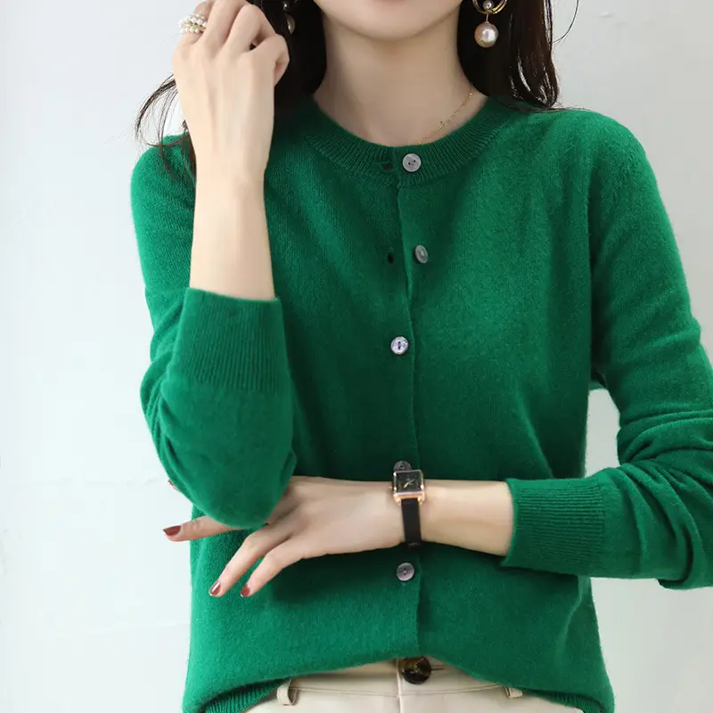 Women Red Knitted Round Neck Cardigan Autumn Winter - Image 7