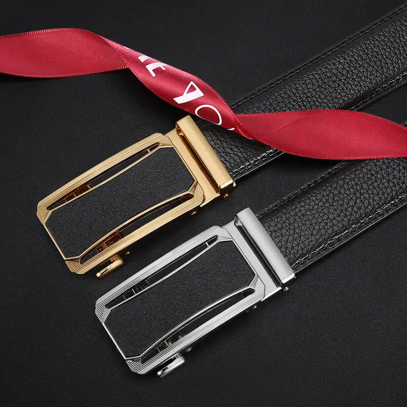 Men's Black Leather Belt with Gold Buckle - Image 5