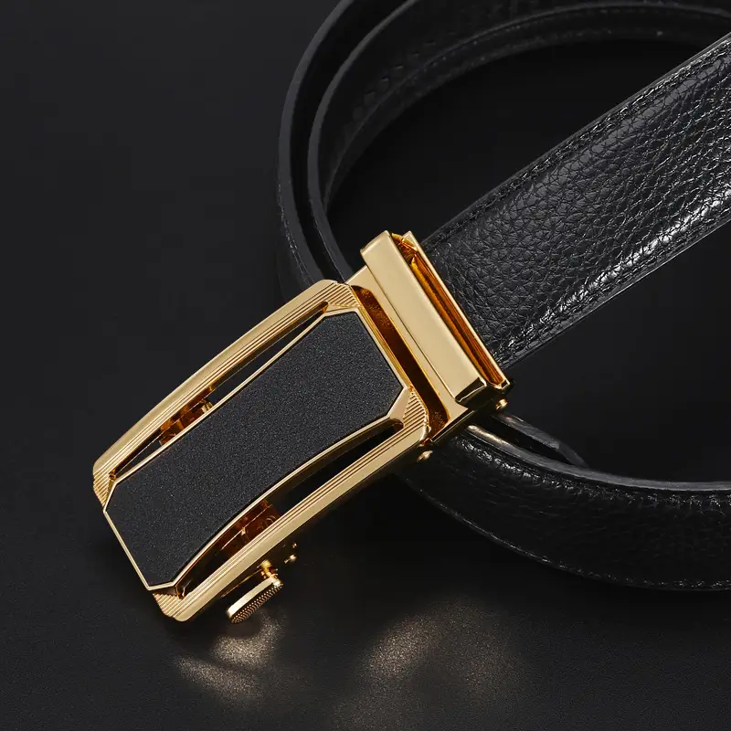 Men's Black Leather Belt with Gold Buckle - Image 6