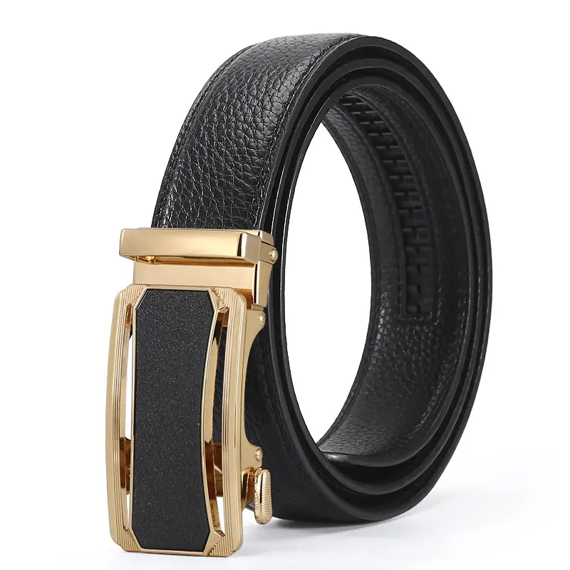 Men's Black Leather Belt with Gold Buckle