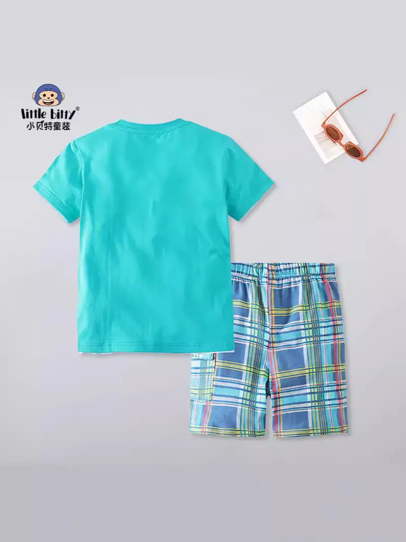 Boys Cotton T-Shirt Shorts Set Turquoise Plaid 2025