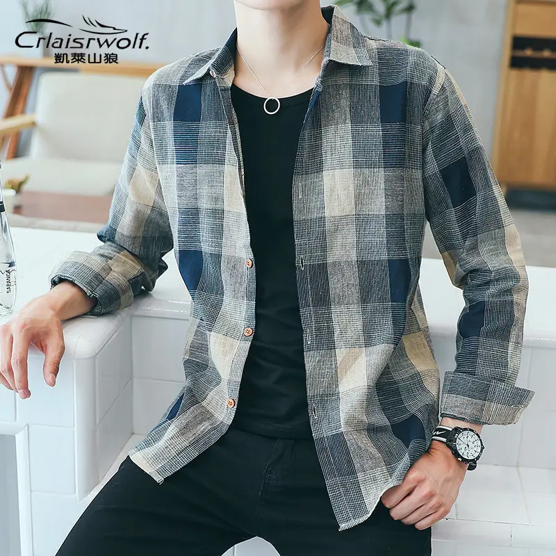 Men's Long Sleeve Plaid Shirt Blue Gray Tan Button Front - Image 14