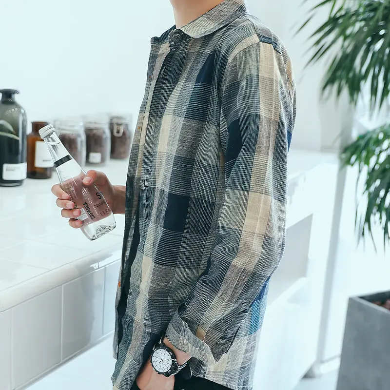 Men's Long Sleeve Plaid Shirt Blue Gray Tan Button Front - Image 15