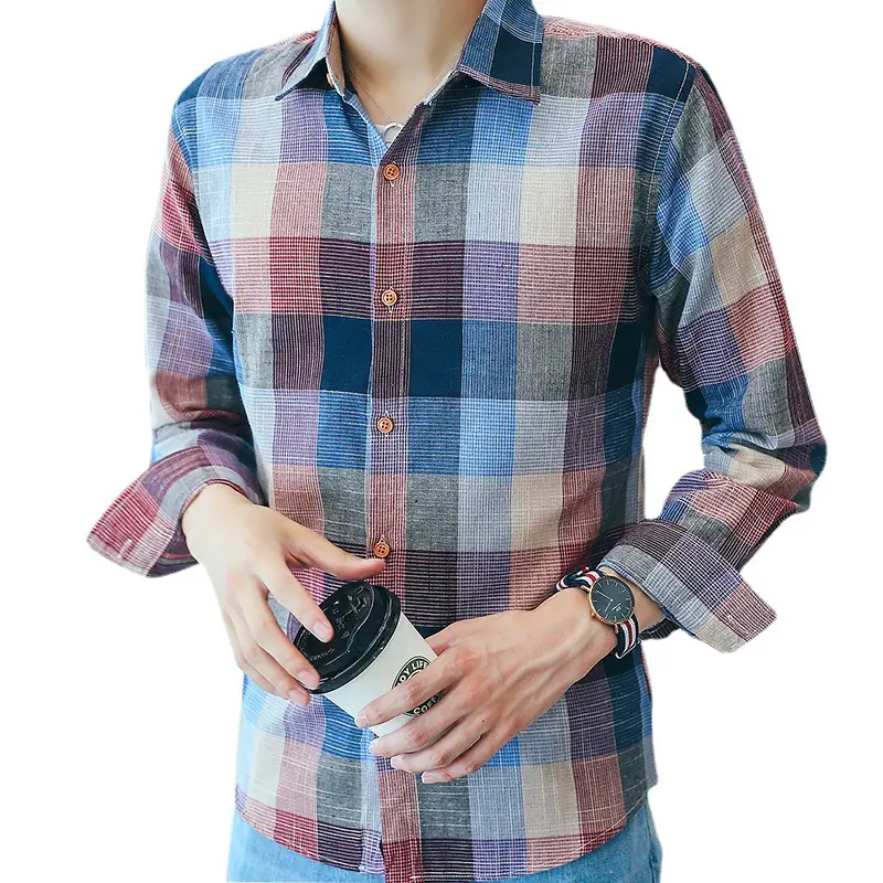 Men's Long Sleeve Plaid Shirt Blue Gray Tan Button Front - Image 17