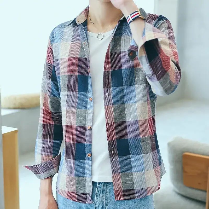 Men's Long Sleeve Plaid Shirt Blue Gray Tan Button Front - Image 2