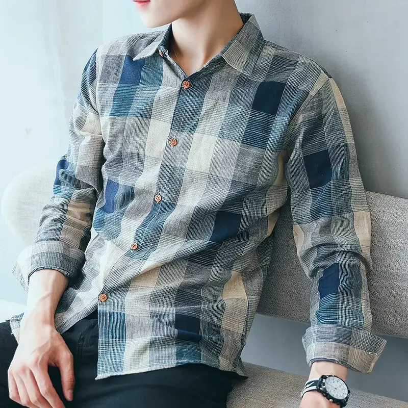 Men's Long Sleeve Plaid Shirt Blue Gray Tan Button Front - Image 8