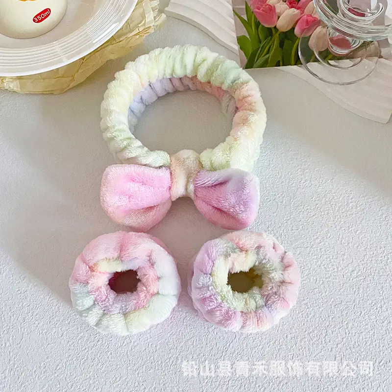 Soft Plush Bow Face Wash Headband Set for Women