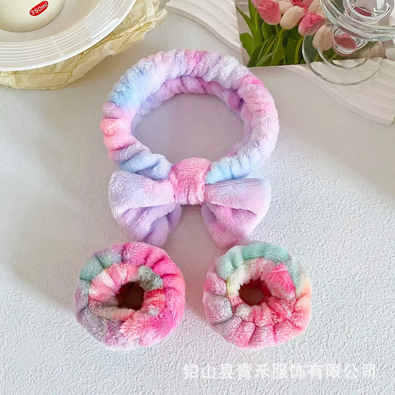 Soft Plush Bow Face Wash Headband Set for Women