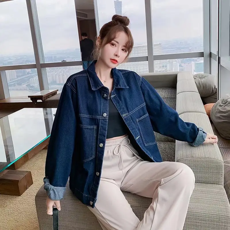 2026 Korean Style Wash Denim Jacket Dark Blue Loose Fit