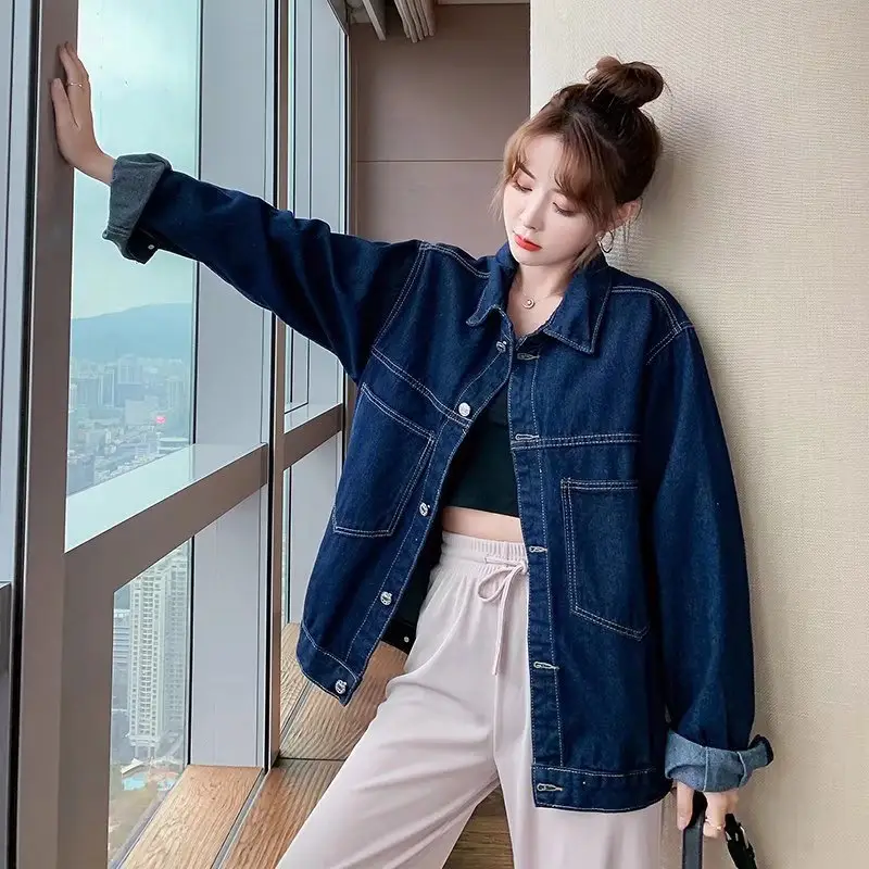 2026 Korean Style Wash Denim Jacket Dark Blue Loose Fit
