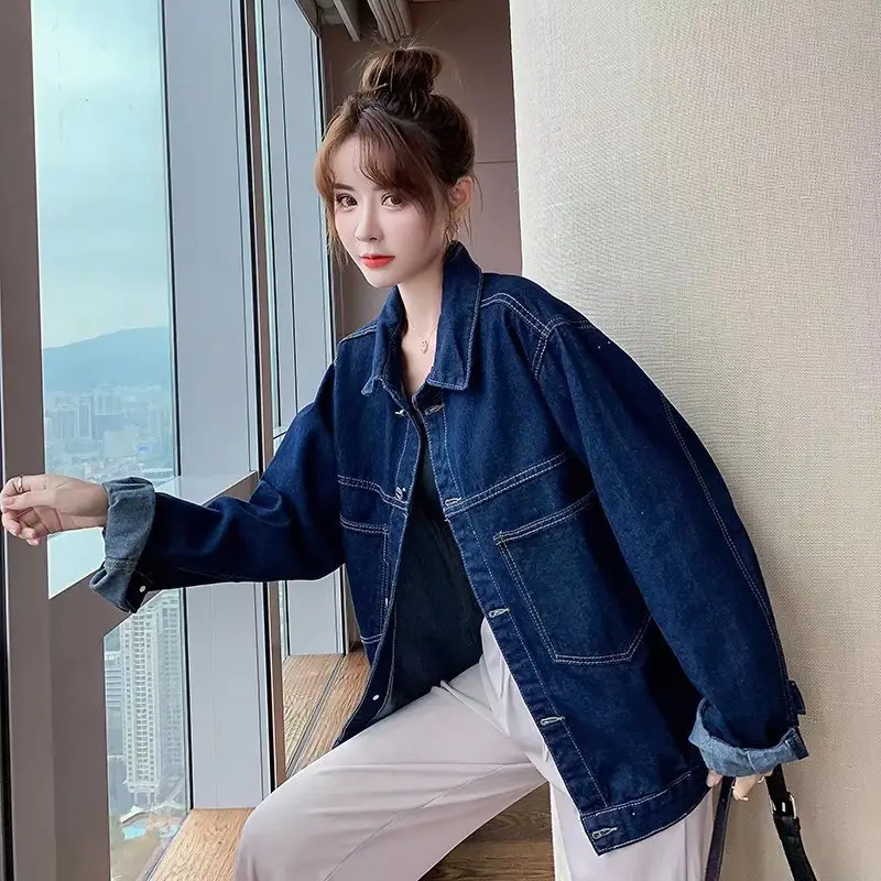 2026 Korean Style Wash Denim Jacket Dark Blue Loose Fit