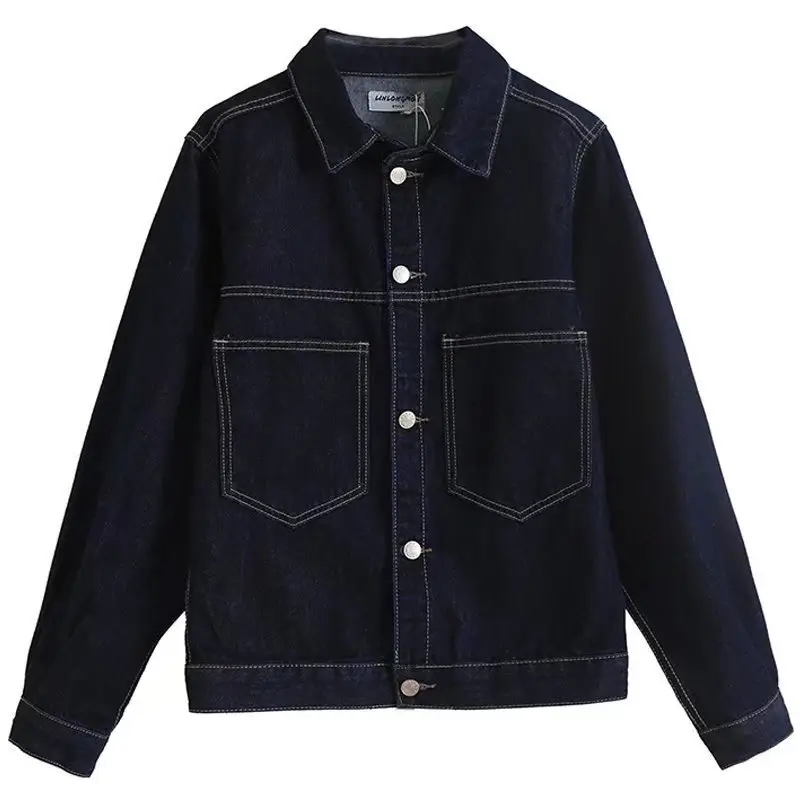 2026 Korean Style Wash Denim Jacket Dark Blue Loose Fit