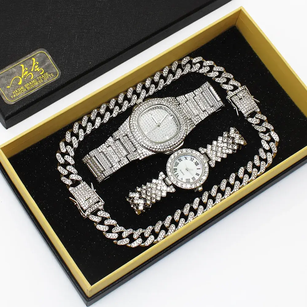 Men & Women Diamond Bracelet Watch Set Gold Plated - Image 2