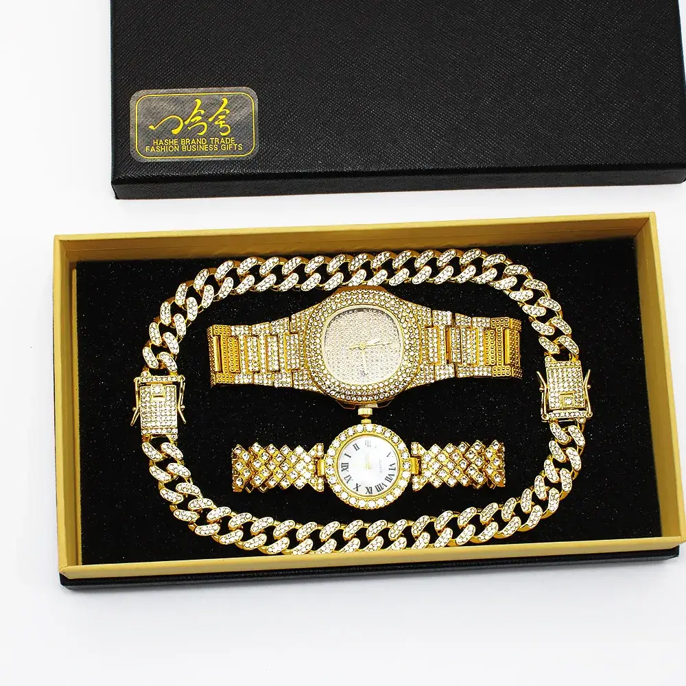 Men & Women Diamond Bracelet Watch Set Gold Plated - Image 3