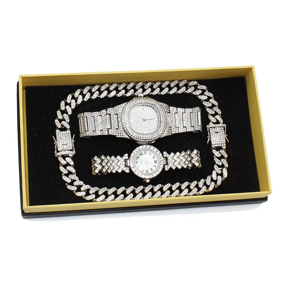 Men & Women Diamond Bracelet Watch Set Gold Plated - Image 5