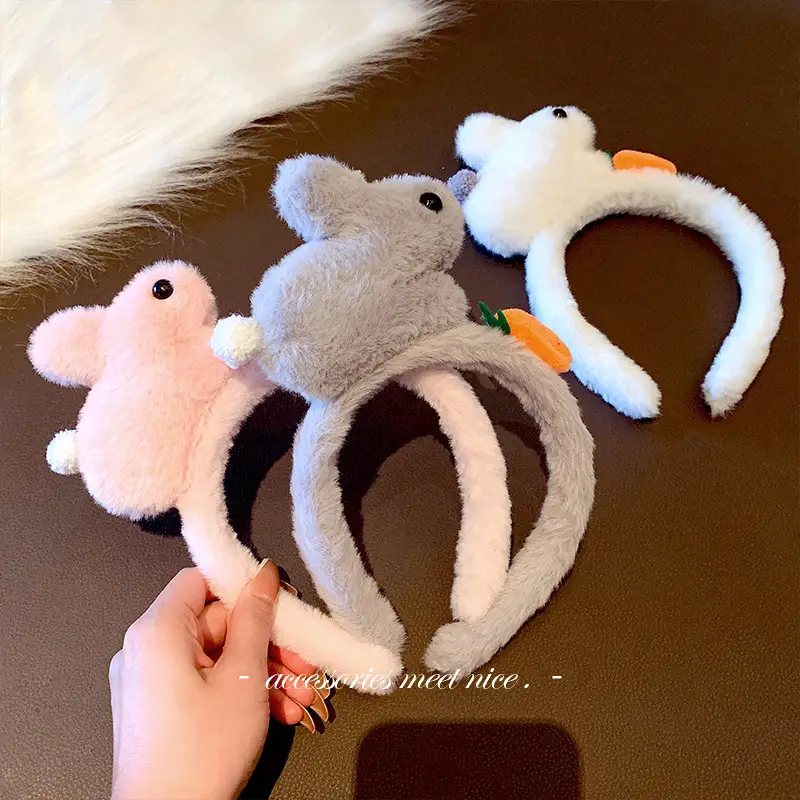 Plush Rabbit Headband Pink Grey Cute Face Wash Non-Slip