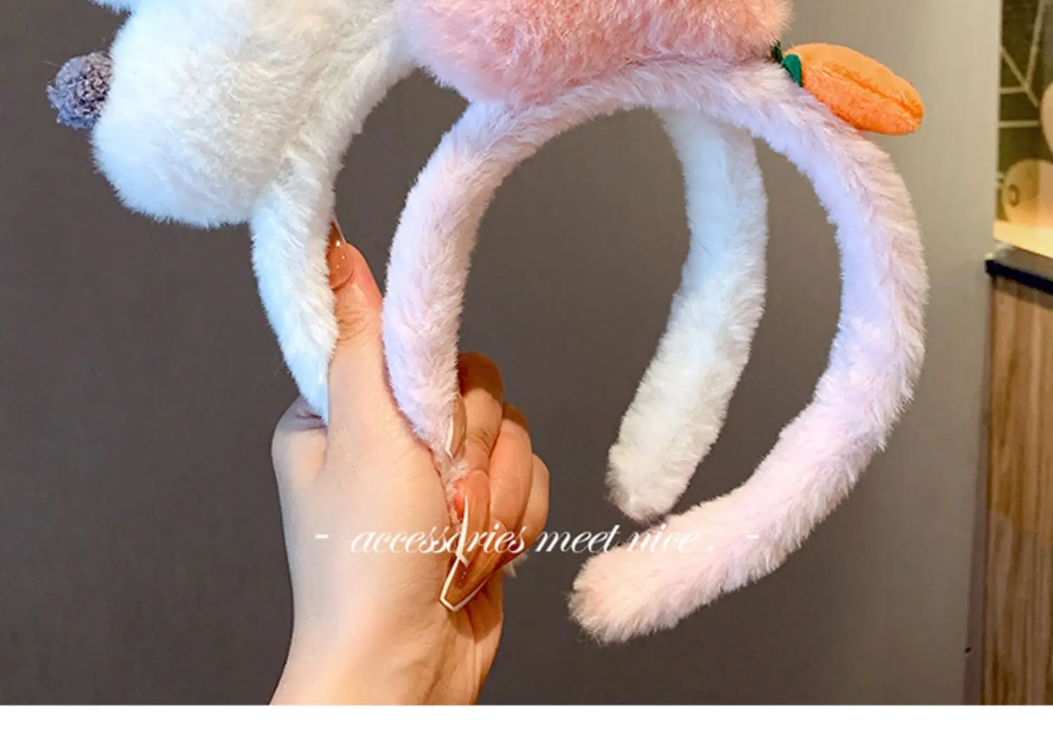 Plush Rabbit Headband Pink Grey Cute Face Wash Non-Slip — feature 4