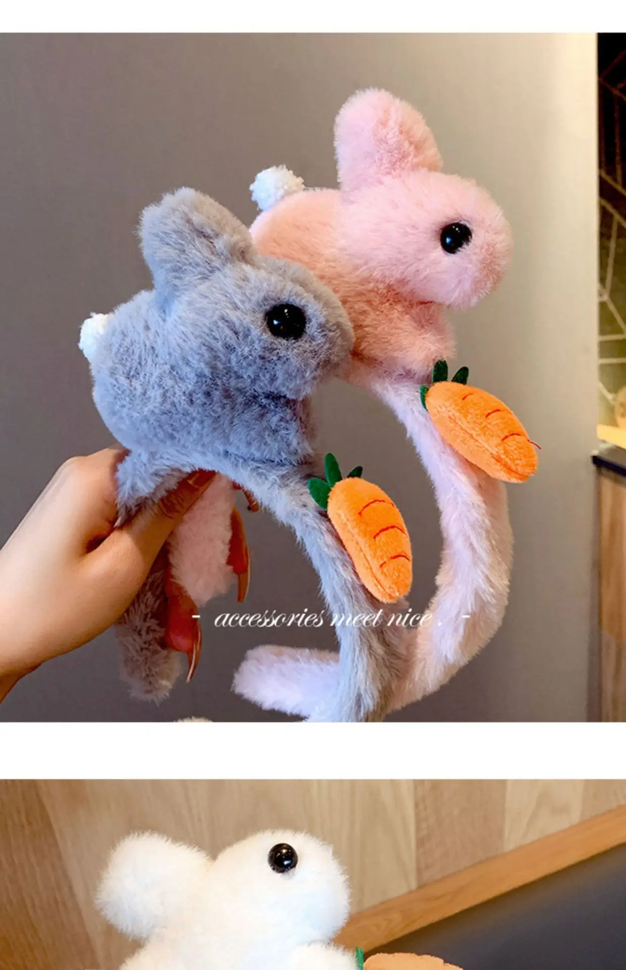 Plush Rabbit Headband Pink Grey Cute Face Wash Non-Slip — feature 5