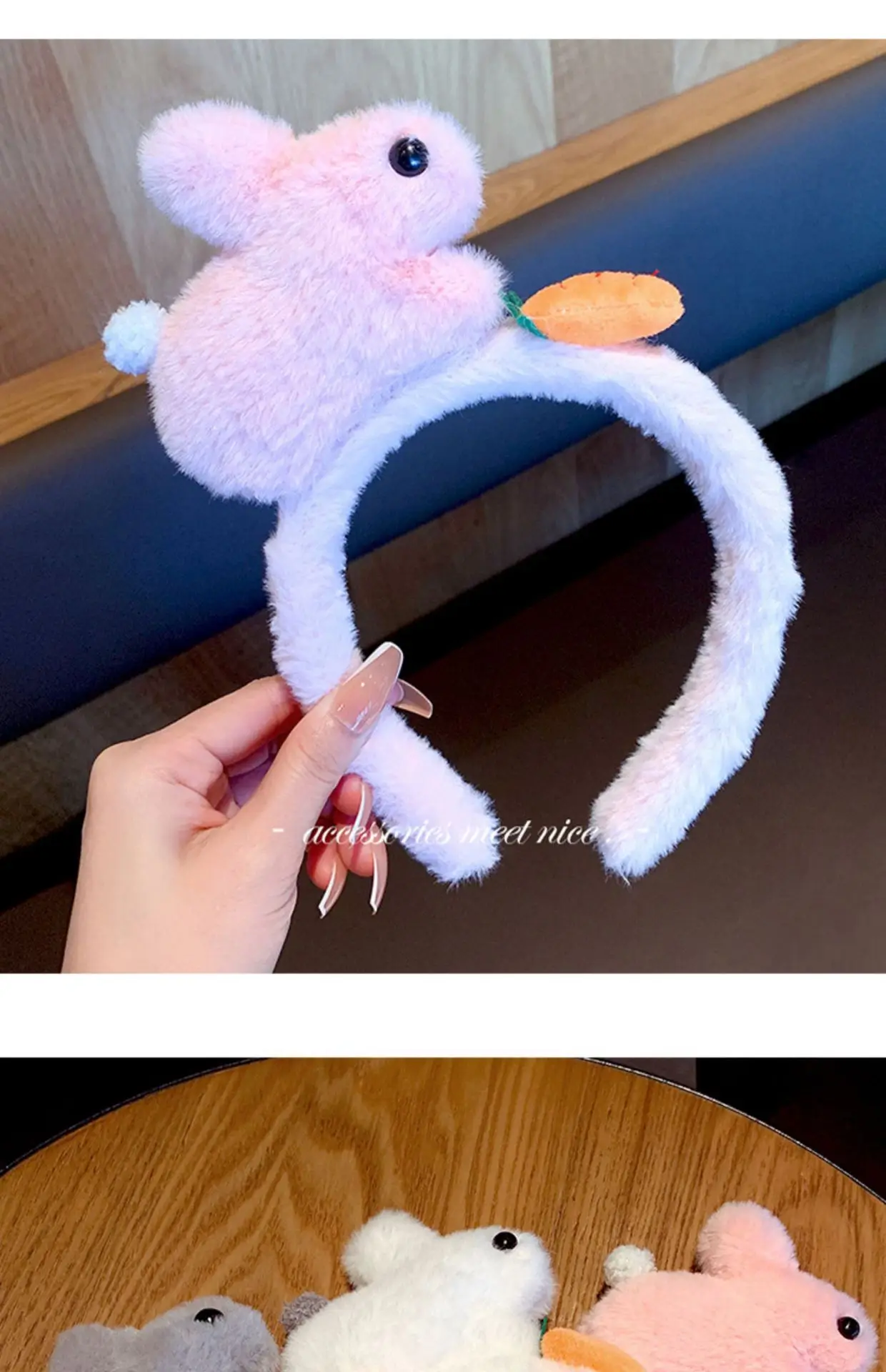 Plush Rabbit Headband Pink Grey Cute Face Wash Non-Slip — feature 7