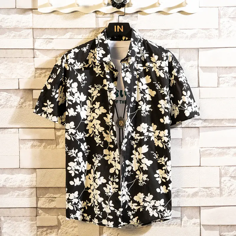 Men's Printed Lapel Shirt Grey Floral Summer - Image 24